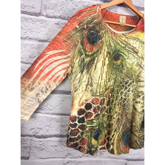 Jess & Jane Womens PXL Artsy Bohemian Maximalist USA Peacock Feather Top Blouse - Picture 5 of 10